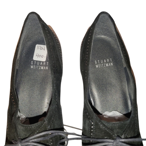 Stuart Weitzman Leather Suede Lace Up Studded Heeled Oxford Loafers - Picture 14 of 16